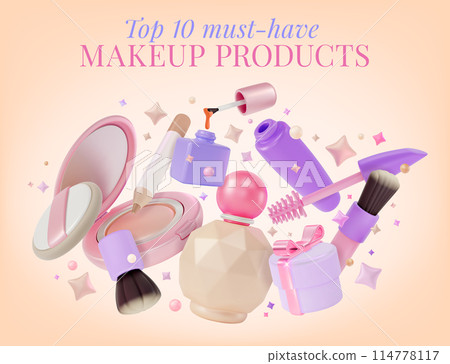 3d Top Must Have Makeup Products Concept Ads Banner Poster Card. Vector illustration of Floating Objects 114778117