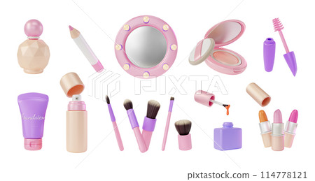 3d Makeup Cosmetic Product Concept Cartoon Design Style. Vector illustration of Face Powder, Lipstick, Brush and Mist Spray Bottle 3d Makeup Cosmetic Product Concept Cartoon Design Style. Vector illustration of Face Powder, Lipstick, Brush and Mist Spray Bottle 114778121