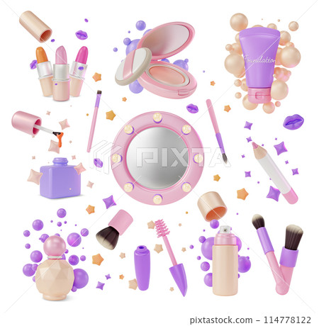 3d Makeup Cosmetic Product Concept with Bubbles and Stars Cartoon Design Style. Vector illustration of Perfume, Nail Polish, Eyeliner, Powder and Brush 114778122