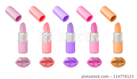 3d Different Color Lipstick Open Tube and Colored Lips Set Cartoon Design Style. Vector illustration of Makeup Cosmetic Product Concept 114778123