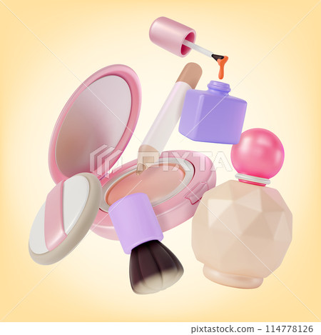3d Makeup Cosmetic Product Concept Cartoon Design Style Perfume ,Nail Polish Bottle ,Eyeliner, Face Powder and Professional Brush. Vector illustration 114778126