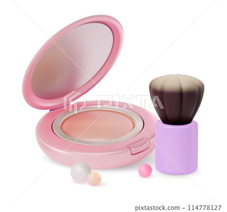 3d Makeup Cosmetic Product Concept Cartoon Design Style Face Powder and Professional Brush Isolated on a White Background. Vector illustration 3d Makeup Cosmetic Product Concept Cartoon Design Style Face Powder and Professional Brush Isolated on a White Background. Vector illustration 114778127