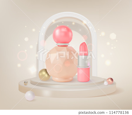 3d Round Podium Platform with Perfume and Lipstick Background Cartoon Design Style. Vector illustration of Female Beauty Product 114778136