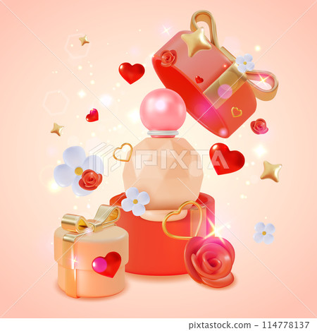 3d Perfume Bottle and Gift Box Fragrance Product Concept Cartoon Design Style. Vector illustration of Floral Delicate Composition 114778137