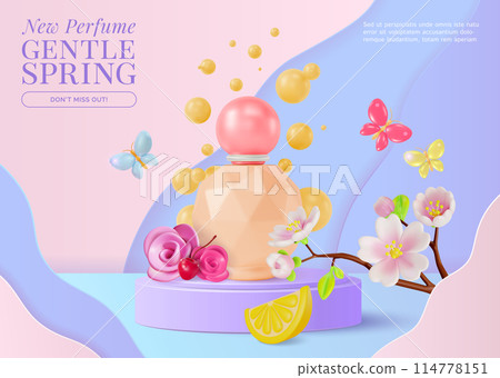 3d New Perfume Gentle Spring Cosmetic Product Concept Ads Banner Poster Card. Vector illustration 3d New Perfume Gentle Spring Cosmetic Product Concept Ads Banner Poster Card. Vector illustration 114778151