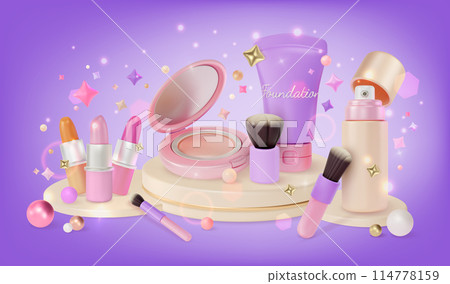 3d New Collection Makeup Cosmetic Product Concept Background Cartoon Design Style. Vector illustration of Lipstick, Mist, Foundation, Powder and Brush 114778159