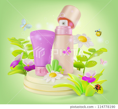 3d Natural Herbal Skin Care Cosmetic Product on a Podium Platform Stage Concept Background Cartoon Design Style. Vector illustration 3d Natural Herbal Skin Care Cosmetic Product on a Podium Platform Stage Concept Background Cartoon Design Style. Vector illustration 114778190