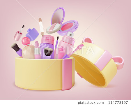 3d Open Beauty Gift Box Makeup Cosmetic Product Concept Cartoon Design Style. Vector illustration of Lipstick, Eyeliner and Blush 114778197