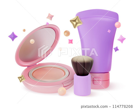 3d Makeup Cosmetic Product Concept Cartoon Design Style Foundation Tube, Face Powder and Professional Brush. Vector illustration 114778208