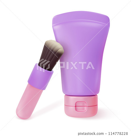 3d Makeup Cosmetic Product Concept Cartoon Design Style Foundation Empty Template Tube and Brush. Vector illustration 114778228