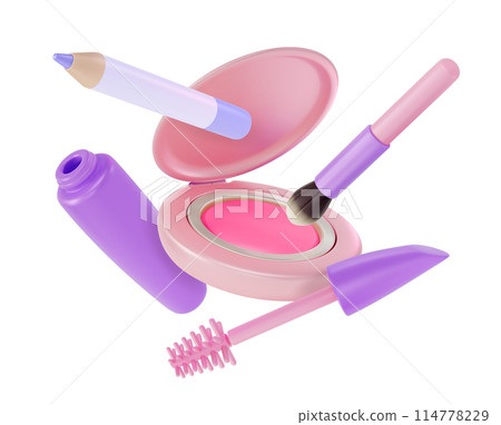 3d Makeup Cosmetic Product Concept Cartoon Design Style Mascara, Eyeliner, Professional Brush and Eyeshadow. Vector illustration 114778229