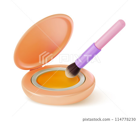 3d Makeup Cosmetic Product Concept Cartoon Design Style Vibrant Eyeshadow and Professional Brush Isolated on a White Background. Vector illustration 114778230