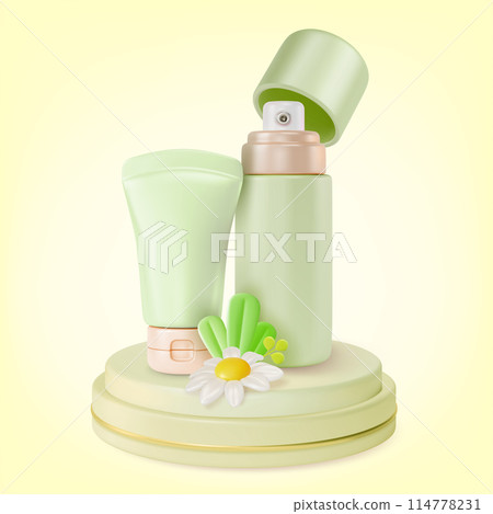 3d Podium Platform Stage Product with Cream and Mist Spray Bottle Cosmetic Product Concept Cartoon Design Style. Vector illustration of Chamomile Extract 3d Podium Platform Stage Product with Cream and Mist Spray Bottle Cosmetic Product Concept Cartoon Design Style. Vector illustration of Chamomile Extract 114778231