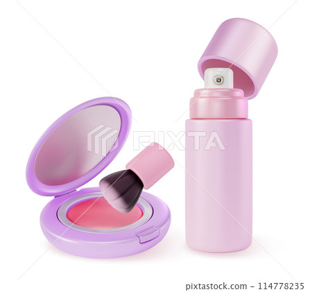 3d Makeup Cosmetic Product Concept Cartoon Design Style Blush, Brush and Mist Spray Bottle. Vector illustration 114778235