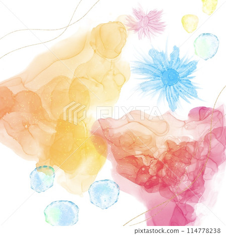 Alcohol ink art square banner. Flowers, yellow and pink rough triangles and gold glitter on white background Alcohol ink art square banner. Flowers, yellow and pink rough triangles and gold glitter on white background 114778238