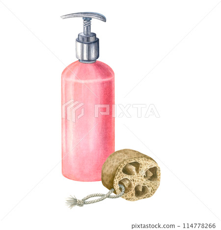 A pink plastic cosmetic bottle with an airless dispenser and a washcloth made from a dried piece of loofah with a natural pattern and texture. Hand drawn watercolor illustration on isolated background 114778266