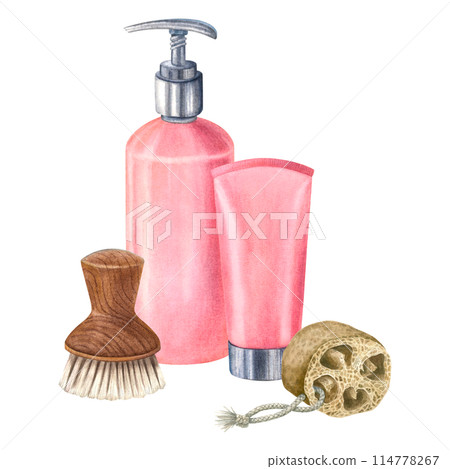 Plastic cosmetic bottle with dispenser airless pump, cream tube, wooden soft body brush and a washcloth made from a dried piece of loofah. Hand drawn watercolor illustration on isolated background. 114778267
