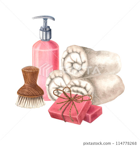 Rolled up terry towels, wooden soft body brush, pink plastic cosmetic bottles for shampoo, natural soap bars. Hand drawn watercolor illustration on isolated background. For wellness resort, brochure. 114778268