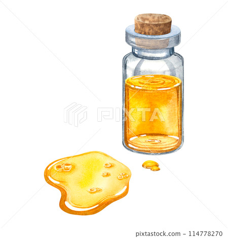 A miniature clear glass bottle containing a golden-colored liquid, with a wooden stopper and a drop of oil spreading over the surface. Hand drawn watercolor illustration on isolated the background. 114778270