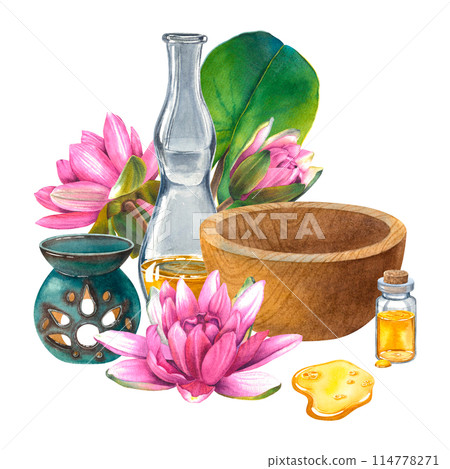Wooden mortar and pestle, glass bottle with oil, ceramic aroma lamp, bottle with liquid and gold drop of oil, water lily flowers, green leaf. Hand drawn watercolor illustration on isolated background. Wooden mortar and pestle, glass bottle with oil, ceramic aroma lamp, bottle with liquid and gold drop of oil, water lily flowers, green leaf. Hand drawn watercolor illustration on isolated background. 114778271