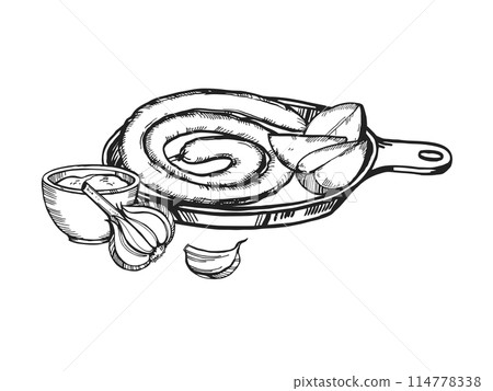 Vector hand drawn grilled sausages on iron frying pan on wooden cutting board, sauce and garlic, ink food illustration for beer theme, black and white sketch of barbeque theme white background 114778338