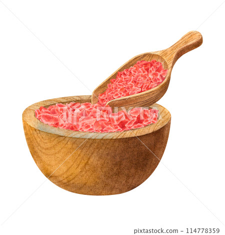Wooden bowl, scoop for Spa therapy with pink Himalayan salt. Hand drawn watercolor illustration of traditional objects for alchemy or aroma therapy on isolated background. For the design of cosmetics. 114778359