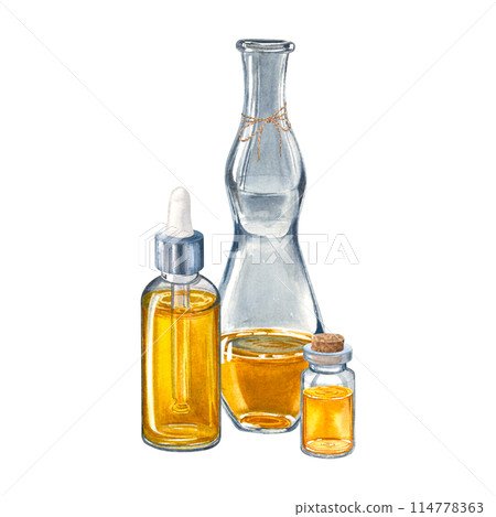 Glass bottles with oil for skin. Hand drawn watercolor illustration of vials with natural body care product isolated on background. Packaging element for design, advertising of cosmetic, label. Glass bottles with oil for skin. Hand drawn watercolor illustration of vials with natural body care product isolated on background. Packaging element for design, advertising of cosmetic, label. 114778363