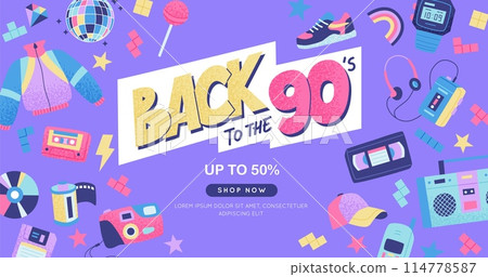 90s banner. Bright multicolour hand drawn lettering and elements. Vector illustration in trendy flat style 114778587