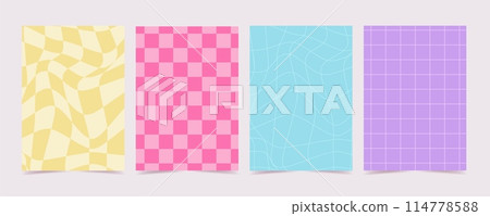 y2k retro background set. Colourful geometric wavy swirl chess, trendy trippy style, vector illustration 114778588