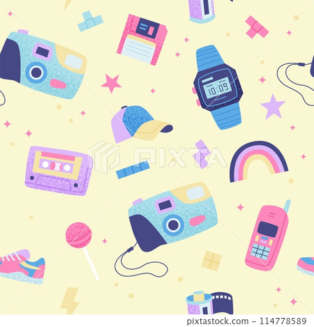 90s retro seamless pattern. Cute bright multicolor elements. on yellow background. Vector illustration in trendy flat style 90s retro seamless pattern. Cute bright multicolor elements. on yellow background. Vector illustration in trendy flat style 114778589