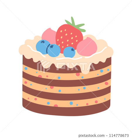 Birthday strawberry cake isolated on white. Flat cartoon design for postcards and stickers, birthday party invitation 114778673