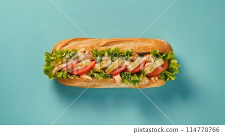 Fresh Sub Sandwich With Meat, Lettuce, and Tomatoes 114778766