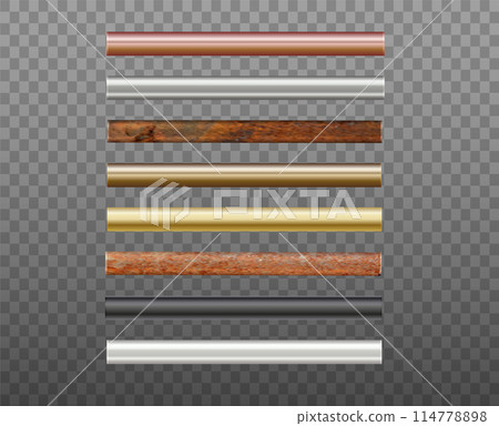 Pipes Set of metal. Pipe profiles in steel, cast iron, aluminum, copper and brass. Rusty Pipe. Vector 114778898