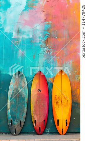 set of colorful creative surfing board standing by vibrant wall, surfing wallpaper 114779429