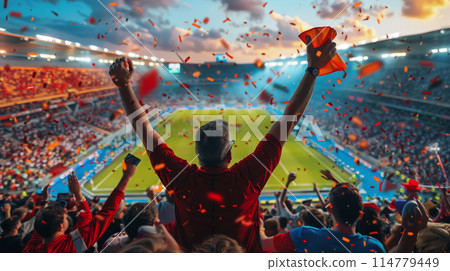 happy excited crowd put hands up after goal, happy growd celebrating soccer team victory on stadium, Germany Euro 2024 concept 114779449