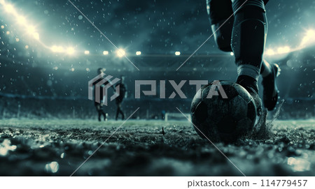 professional soccer player kick ball at stadium closeup shot, football match and championship, leg in sport shoe close-up 114779457