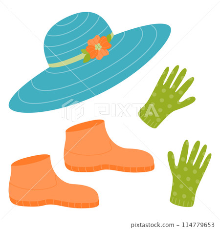 A set of accessories for gardening and recreation - a hat, rubber gloves and boots. Vector illustration on a white background. A set of accessories for gardening and recreation - a hat, rubber gloves and boots. Vector illustration on a white background. 114779653