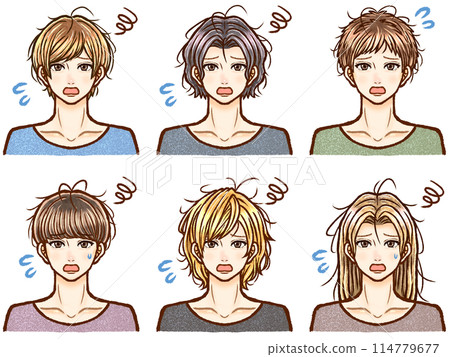 Illustration set of adult men with messy hair who are troubled by bedhead Illustration set of adult men with messy hair who are troubled by bedhead 114779677