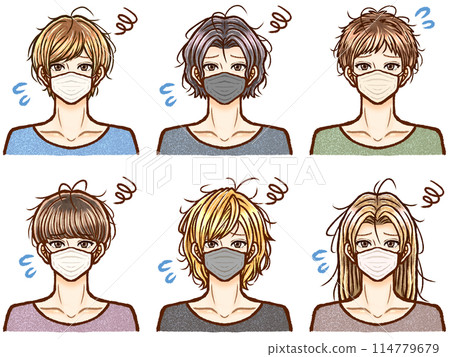 Illustration material set 3 of an adult man with messy hair who is troubled by bedhead Illustration material set 3 of an adult man with messy hair who is troubled by bedhead 114779679