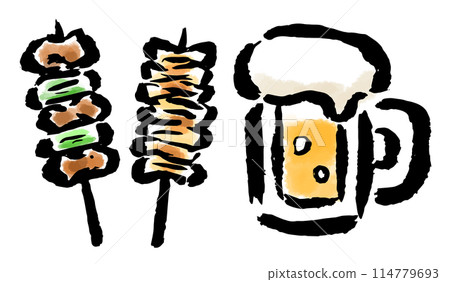 Yakitori and beer brush-drawn illustration 114779693