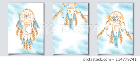 Set of Dream Catcher Cards or Poster Templates with sea Shells and stones, beads and blue and beige Feathers, Watercolor splashes. Hand drawn illustrations. Bohemian decoration, chic design. American Set of Dream Catcher Cards or Poster Templates with sea Shells and stones, beads and blue and beige Feathers, Watercolor splashes. Hand drawn illustrations. Bohemian decoration, chic design. American 114779741