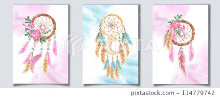 Set of Dream Catcher Cards or Poster Templates with beads, crystals, rose hip flowers and pink, blue and beige feathers. Watercolor splashes. Hand drawn illustrations. Bohemian decoration, chic design Set of Dream Catcher Cards or Poster Templates with beads, crystals, rose hip flowers and pink, blue and beige feathers. Watercolor splashes. Hand drawn illustrations. Bohemian decoration, chic design 114779742