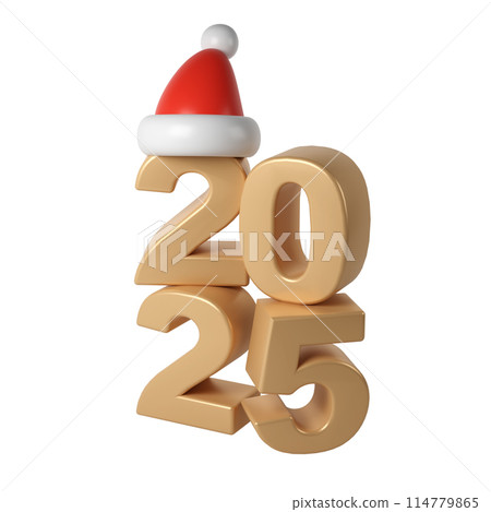 3d Happy New Year 2025 golden Numbers. Symbols cartoon render with red hat santa. Christmas decoration. Celebrate party Xmas Poster banner, cover card, brochure, flyer, layout design 114779865
