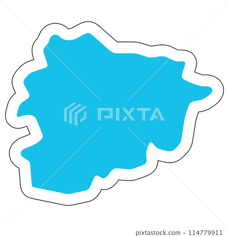 Andorra country silhouette. High detailed map. Solid blue vector sticker with white contour isolated on white background. Andorra country silhouette. High detailed map. Solid blue vector sticker with white contour isolated on white background. 114779911