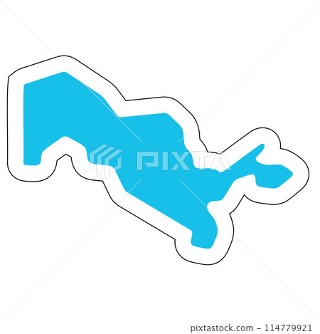 Uzbekistan country silhouette. High detailed map. Solid blue vector sticker with white contour isolated on white background. Uzbekistan country silhouette. High detailed map. Solid blue vector sticker with white contour isolated on white background. 114779921