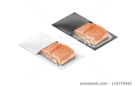 Blank transparent pack with black and white label salmon mockup Blank transparent pack with black and white label salmon mockup 114779943