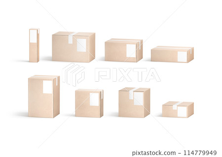 Blank white shipping label on craft box mockup, different shapes 114779949