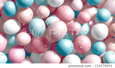 Stack of oink and blue round balloons with confetti mockup Stack of oink and blue round balloons with confetti mockup 114779953