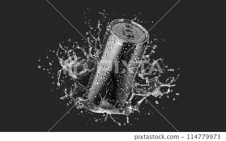 Blank black aluminum 280 ml soda can with drops splash mockup 114779973