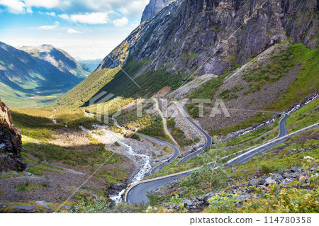 Sharp bends of Trollstigen serpentine road in Norway Sharp bends of Trollstigen serpentine road in Norway 114780358